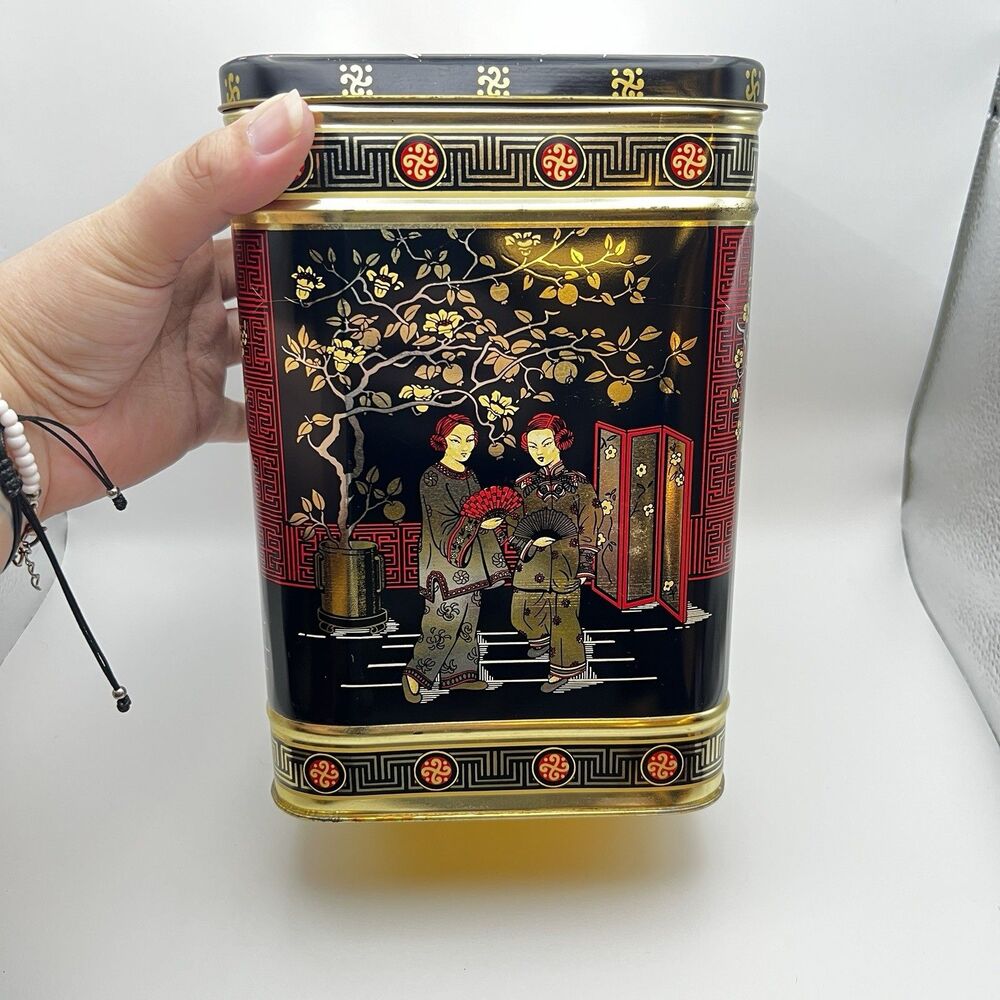 Decorative Asian Inspired Black Gold Metal Tea Tin Hinged Storage Container